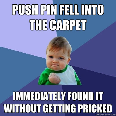 Push pin fell into the carpet Immediately found it without getting pricked    Success Kid