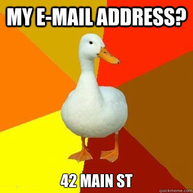 my e-mail address? 42 main st  Tech Impaired Duck