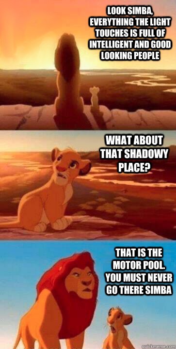 look simba, everything the light touches is full of intelligent and good looking people what about that shadowy place? that is the motor pool.  you must never go there simba - look simba, everything the light touches is full of intelligent and good looking people what about that shadowy place? that is the motor pool.  you must never go there simba  SIMBA