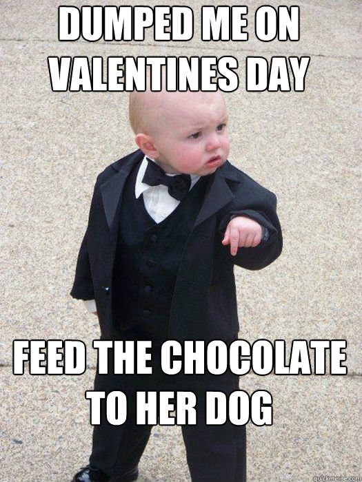 Dumped me on valentines day Feed the chocolate to her dog   Baby Godfather