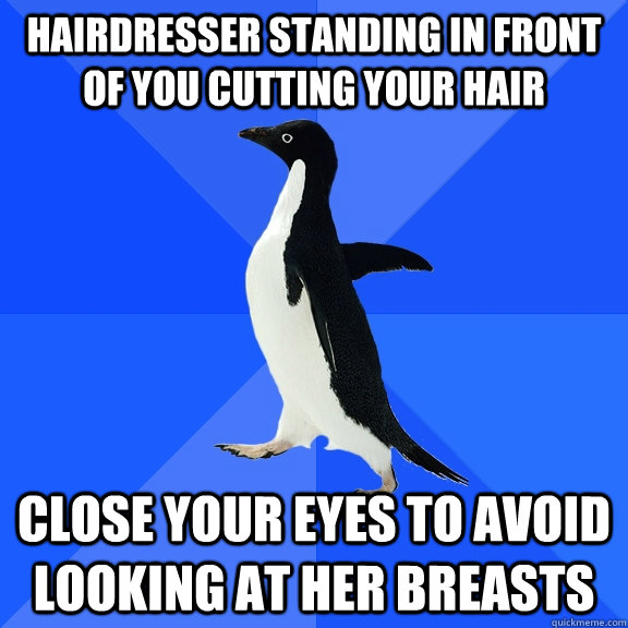 Hairdresser standing in front of you cutting your hair close your eyes to avoid looking at her breasts  Socially Awkward Penguin