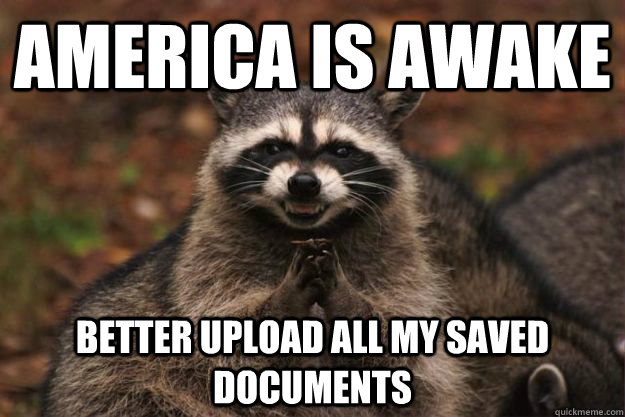 america is awake better upload all my saved documents - america is awake better upload all my saved documents  Evil Plotting Raccoon