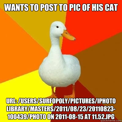Wants to post to pic of his cat URL: /Users/surfopoly/Pictures/iPhoto Library/Masters/2011/08/23/20110823-100439/Photo on 2011-08-15 at 11.52.jpg
  Tech Impaired Duck