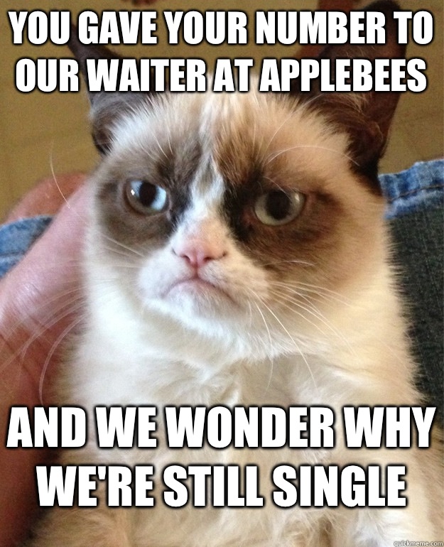 You gave your number to our waiter at Applebees And we wonder why we're still single  Grumpy Cat