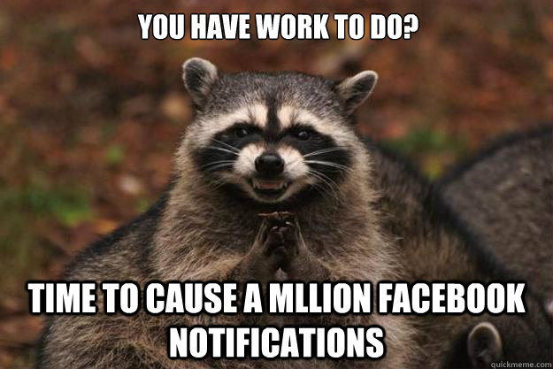 you have work to do? time to cause a mllion facebook notifications - you have work to do? time to cause a mllion facebook notifications  Evil Plotting Raccoon