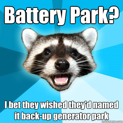Battery Park? I bet they wished they'd named it back-up generator park   - Battery Park? I bet they wished they'd named it back-up generator park    Lame Pun Coon