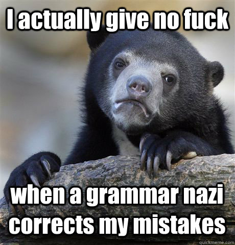 I actually give no fuck when a grammar nazi corrects my mistakes  Confession Bear