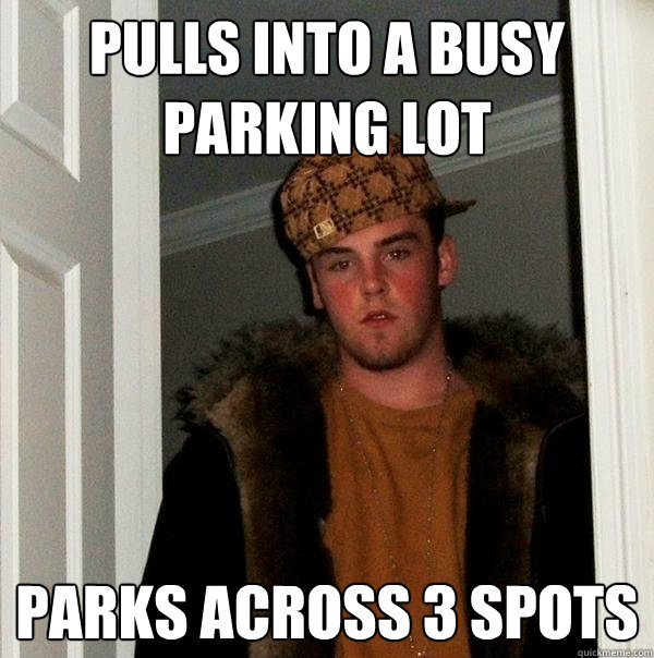 Pulls into a busy parking lot parks across 3 spots  Scumbag Steve