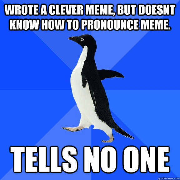 wrote a clever meme, but doesnt know how to pronounce meme. tells no one - wrote a clever meme, but doesnt know how to pronounce meme. tells no one  Socially Awkward Penguin