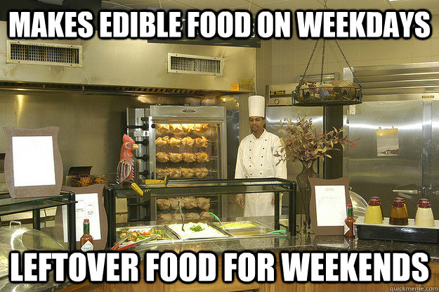 makes edible food on weekdays leftover food for weekends  