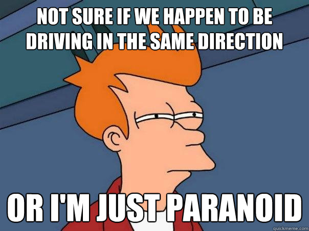 Not sure if we happen to be driving in the same direction or I'm just paranoid  Futurama Fry