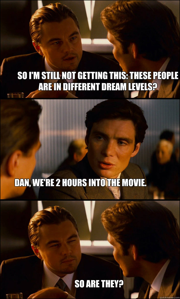 So I'm still not getting this: These people are in different dream levels? Dan, we're 2 hours into the movie. So are they?  Inception