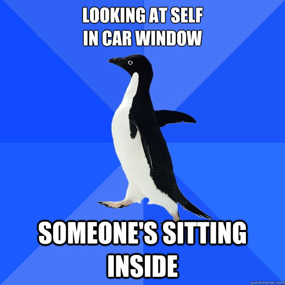 Looking at self
in car window Someone's sitting inside  Socially Awkward Penguin