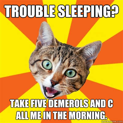 Trouble sleeping? Take five demerols and c all me in the morning.  Bad Advice Cat