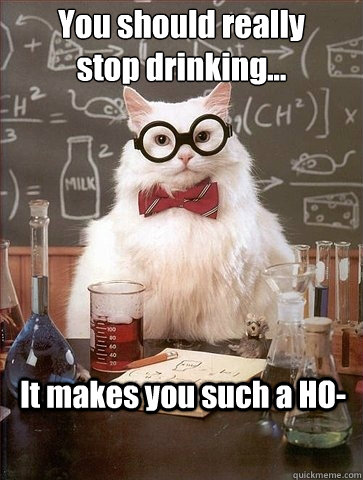 You should really 
stop drinking... It makes you such a HO-  Chemistry Cat