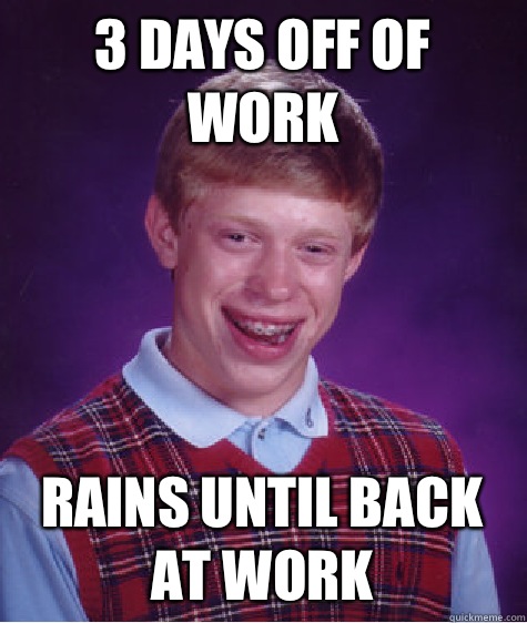 3 days off of work Rains until back at work - 3 days off of work Rains until back at work  Bad Luck Brian