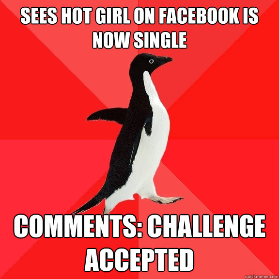 sees hot girl on facebook is now single comments: challenge accepted   Socially Awesome Penguin