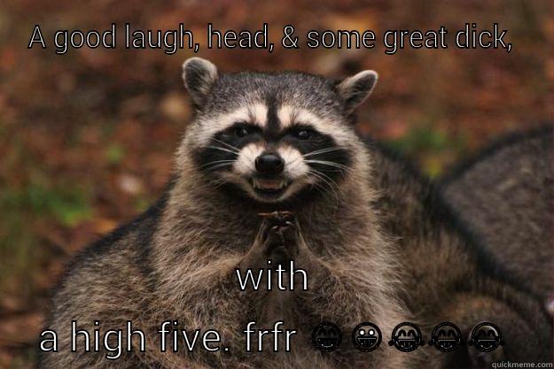 A GOOD LAUGH, HEAD, & SOME GREAT DICK,  WITH A HIGH FIVE. FRFR  Evil Plotting Raccoon