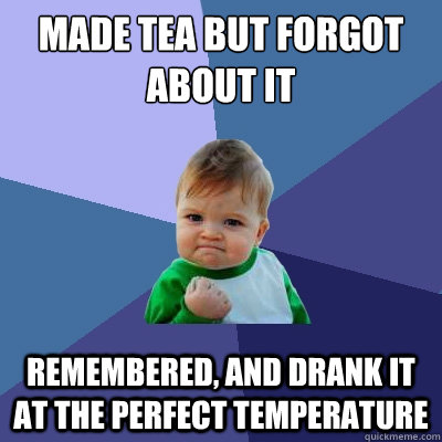 Made tea but forgot about it remembered, and drank it  at the perfect temperature  Success Kid