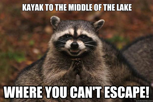 kayak to the middle of the lake where you can't escape!  Evil Plotting Raccoon