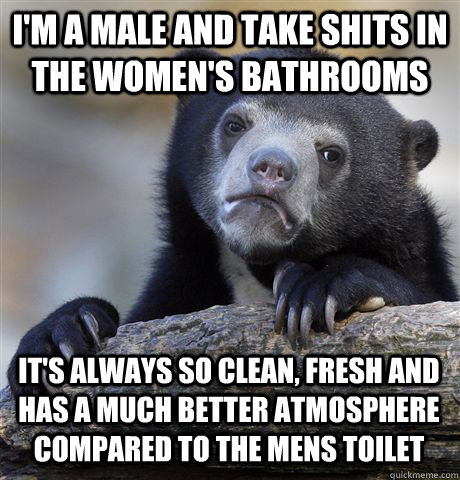 I'M A MALE AND TAKE SHITS IN THE WOMEN'S BATHROOMS IT'S ALWAYS SO CLEAN, FRESH AND HAS A MUCH BETTER ATMOSPHERE COMPARED TO THE MENS TOILET  Confession Bear