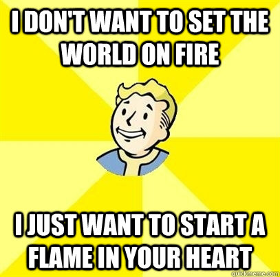 I don't want to set the world on fire I just want to start a flame in your heart  Fallout 3