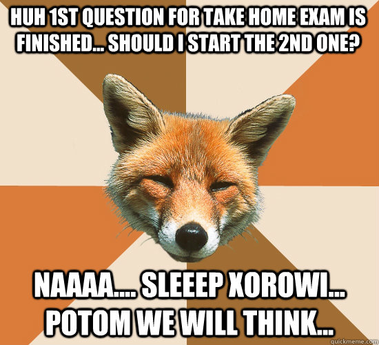 Huh 1st question for Take Home exam is finished... Should I start the 2nd one? Naaaa.... SLEEEP XOROWI... potom we will think...  Condescending Fox