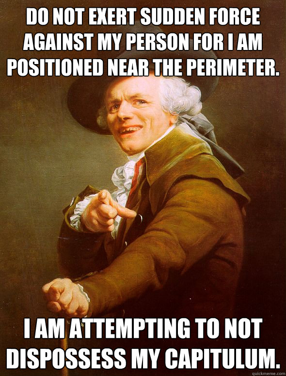 Do not exert sudden force against my person for I am positioned near the perimeter. I am attempting to not dispossess my capitulum.  Joseph Ducreux