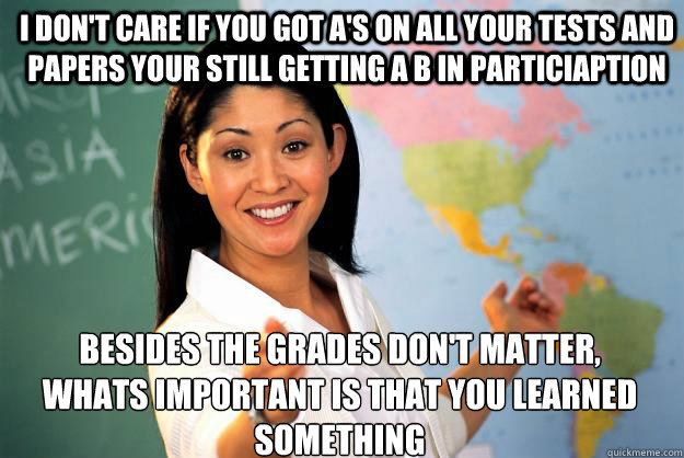 I don't care if you got a's on all your tests and papers your still getting a b in particiaption  Besides the grades don't matter, whats important is that you learned something  Unhelpful High School Teacher