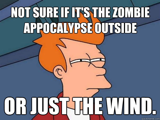 Not sure if it's the zombie Appocalypse outside Or just the wind.  Futurama Fry