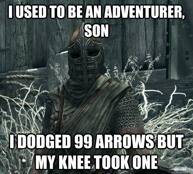 I USED TO BE AN ADVENTURER, SON I DODGED 99 ARROWS BUT MY KNEE TOOK ONE - I USED TO BE AN ADVENTURER, SON I DODGED 99 ARROWS BUT MY KNEE TOOK ONE  Skyrim Guard