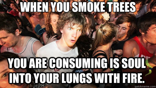 When you smoke trees You are consuming is soul into your lungs with fire.  Sudden Clarity Clarence