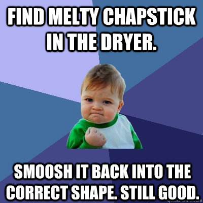 Find melty chapstick in the dryer. Smoosh it back into the correct shape. Still good.  Success Kid