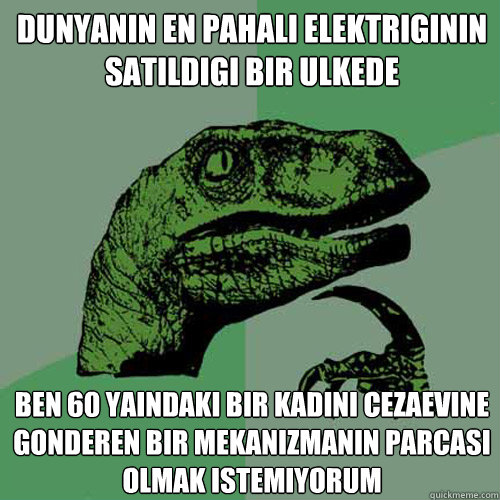 dunyanın en pahalı elektriginin satıldıgı bir ulkede ben 60 yaşındaki bir kadını cezaevine gonderen bir mekanizmanın parcası olmak istemiyorum  Philosoraptor