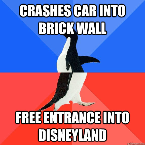 Crashes car into brick wall Free entrance into Disneyland  Socially Awkward Awesome Penguin