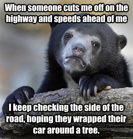 When someone cuts me off on the highway and speeds ahead of me I keep checking the side of the road, hoping they wrapped their car around a tree. - When someone cuts me off on the highway and speeds ahead of me I keep checking the side of the road, hoping they wrapped their car around a tree.  Confession Bear