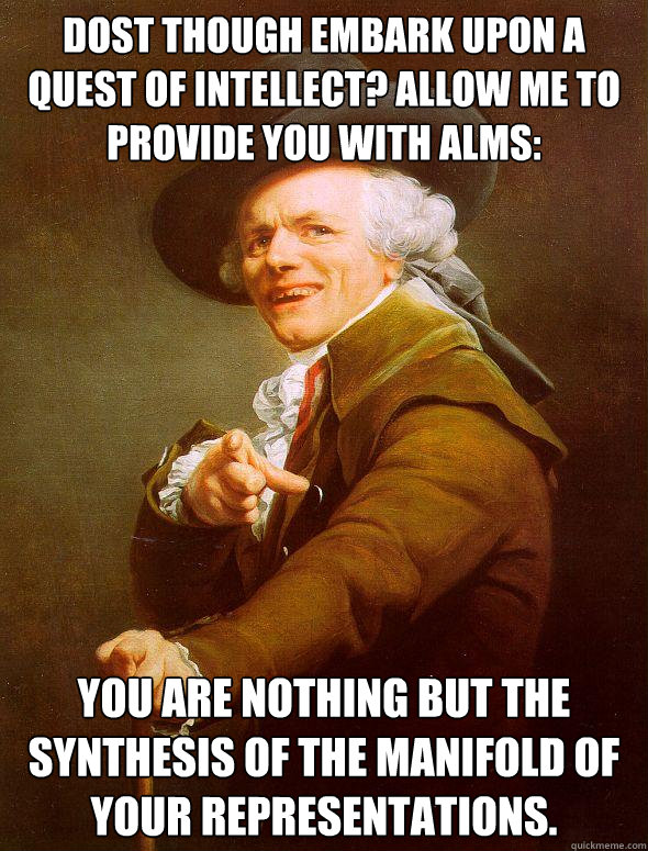 Dost though embark upon a quest of intellect? Allow me to provide you with alms: You are nothing but the synthesis of the manifold of your representations.   Joseph Ducreux