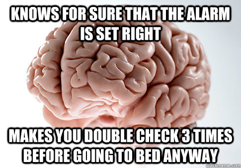 knows for sure that the alarm is set right makes you double check 3 times before going to bed anyway  Scumbag Brain