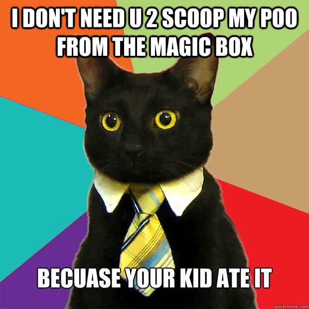 I don't need u 2 scoop my poo from the magic box  Becuase your kid ate it  Business Cat