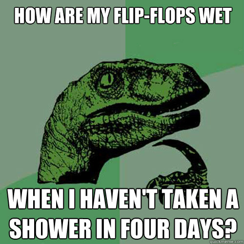 how are my flip-flops wet when i haven't taken a shower in four days?  Philosoraptor