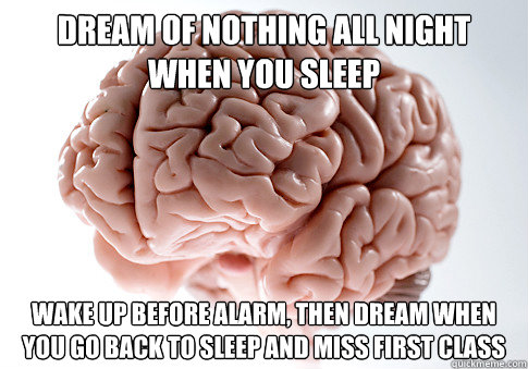 dream of nothing all night when you sleep wake up before alarm, then dream when you go back to sleep and miss first class  Scumbag Brain