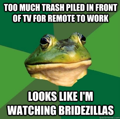 too much trash piled in front of TV for remote to work looks like i'm watching bridezillas - too much trash piled in front of TV for remote to work looks like i'm watching bridezillas  Foul Bachelor Frog