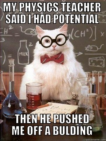 You've got potential - MY PHYSICS TEACHER SAID I HAD POTENTIAL THEN HE PUSHED ME OFF A BULDING Chemistry Cat