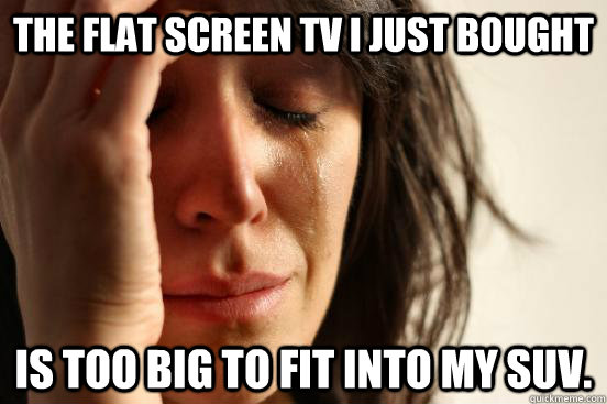 The flat screen TV I just bought is too big to fit into my SUV. - The flat screen TV I just bought is too big to fit into my SUV.  First World Problems