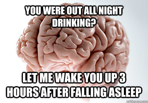 You were out all night drinking? Let me wake you up 3 hours after falling asleep  Scumbag Brain