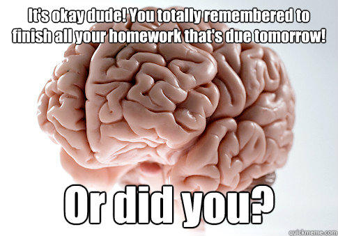 It's okay dude! You totally remembered to finish all your homework that's due tomorrow! Or did you? - It's okay dude! You totally remembered to finish all your homework that's due tomorrow! Or did you?  Scumbag Brain