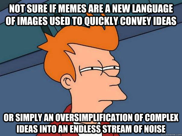 Not sure if memes are a new language of images used to quickly convey ideas Or simply an oversimplification of complex ideas into an endless stream of noise - Not sure if memes are a new language of images used to quickly convey ideas Or simply an oversimplification of complex ideas into an endless stream of noise  Futurama Fry