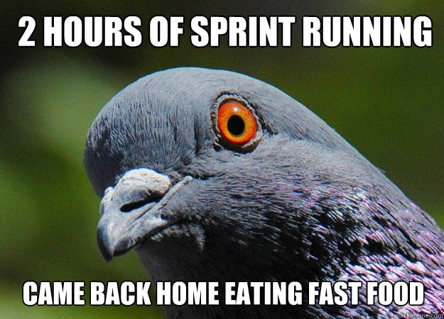 2 hours of sprint running came back home eating fast food  - 2 hours of sprint running came back home eating fast food   WAIT PIGEON