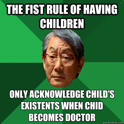 the fist rule of having children  only acknowledge child's existents when chid becomes doctor    High Expectations Asian Father