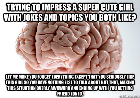 Trying to impress a super cute girl with jokes and topics you both like? Let me make you forget everything except that you seriously like this girl so you have nothing else to talk about but that, making this situation overly awkward and ending up with yo  Scumbag Brain